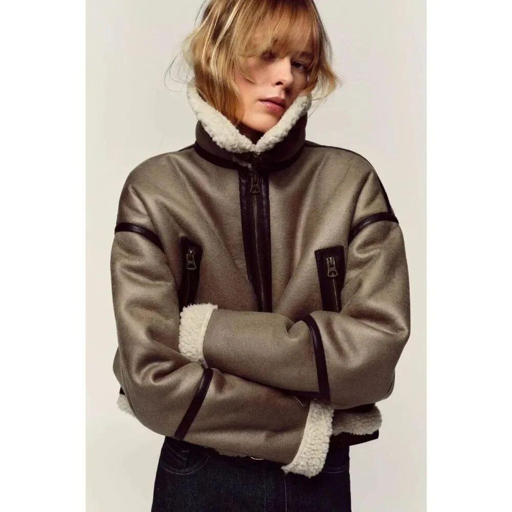 Zara WomensβBiker Jacket L Brown Mink Double-Faced Cropped Belted 8073/254 NWT